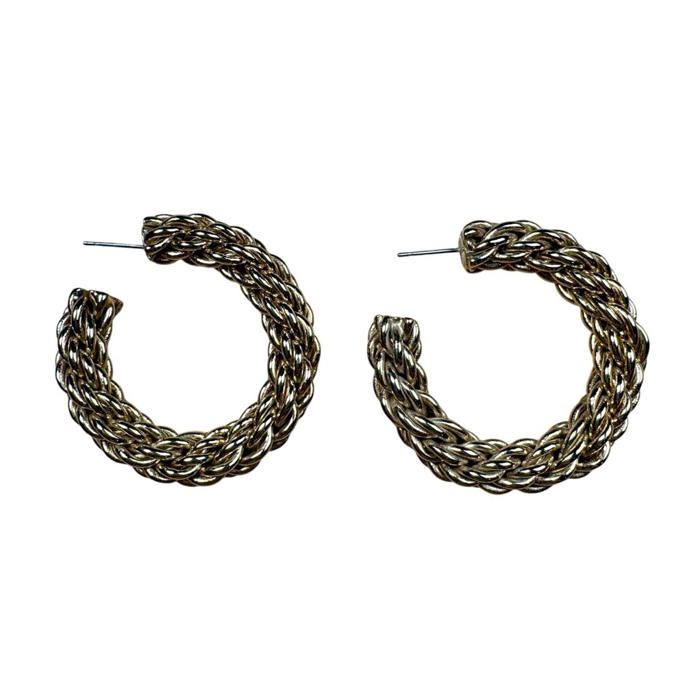 VTG 1980s Chunky Gold Tone Twisted Rope Hoop Earrings Retro Braided Statement